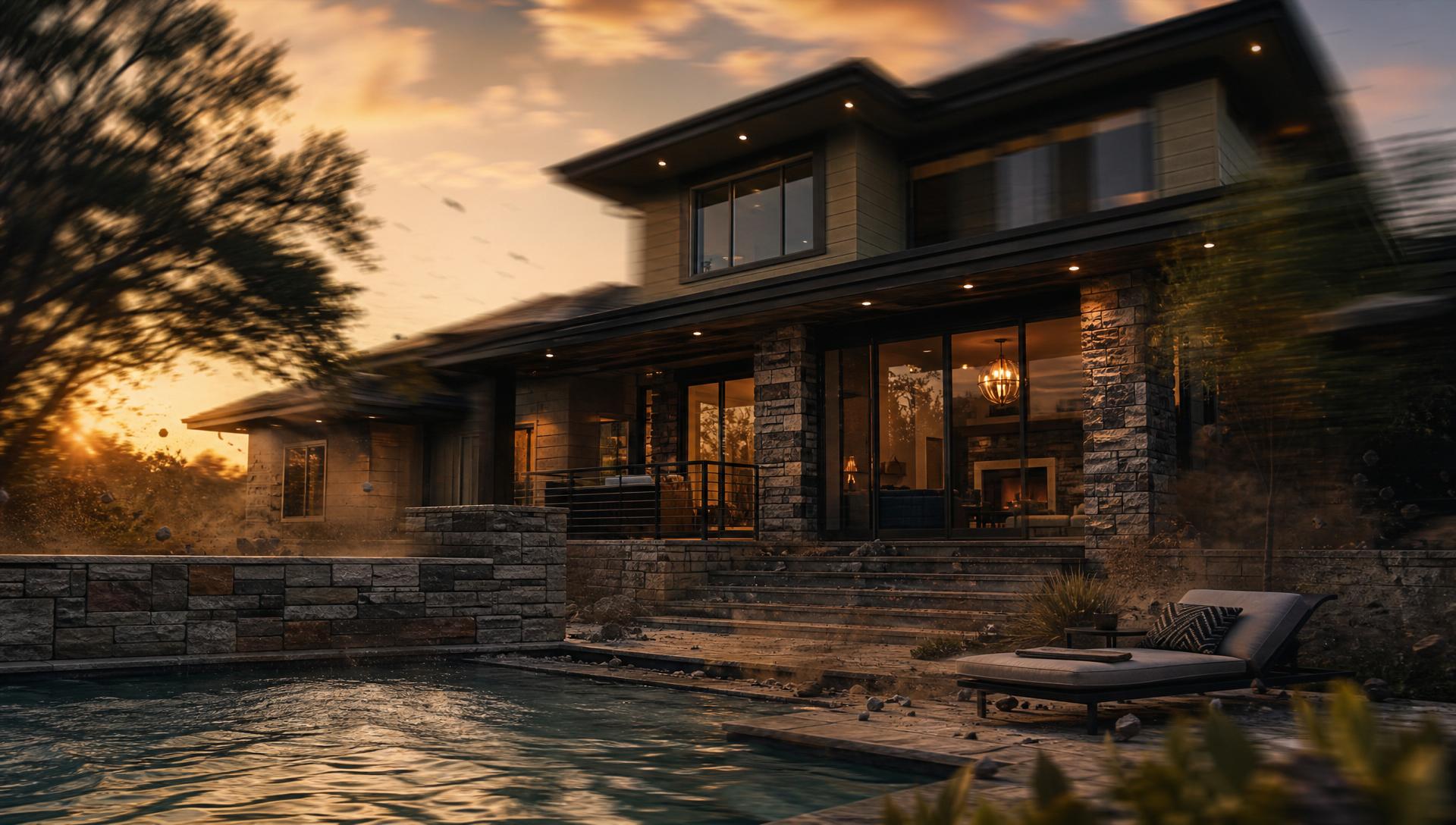 Modern Texas home at golden hour with subtle seismic motion — dust in the air and ripples on the pool